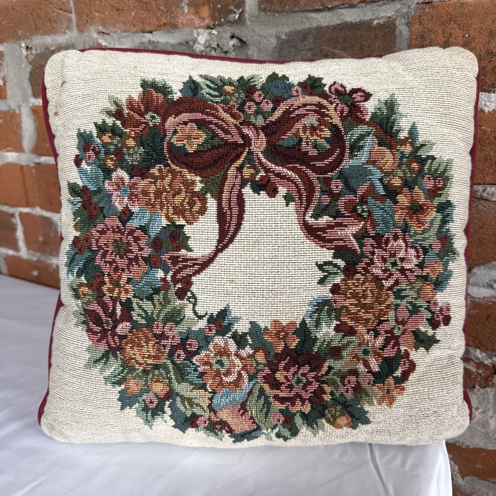 Tapestry Throw Pillow‎ Country 12x12 Decorative Bow Flower Decor Floral Wreath